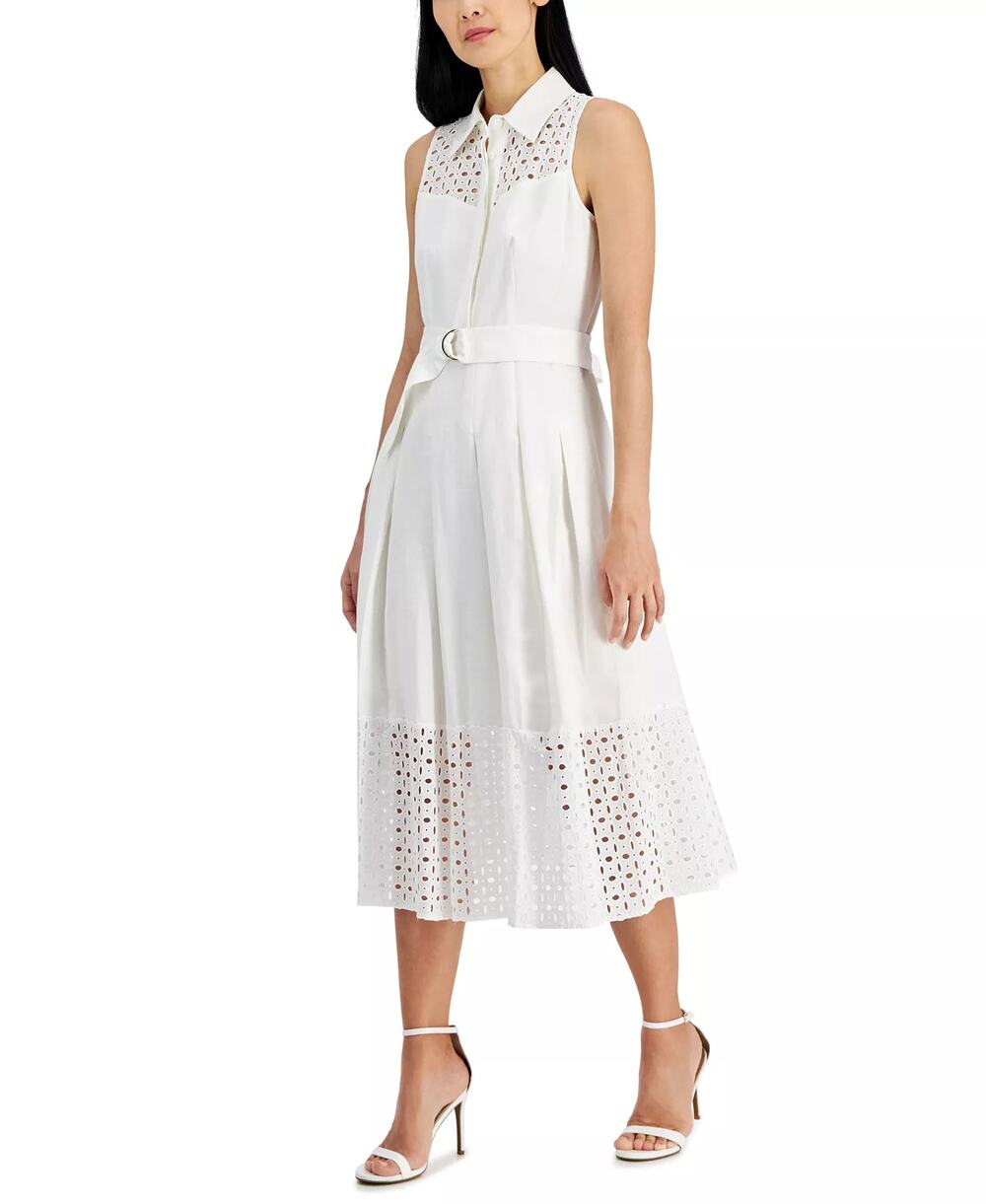 Anne Klein Linen Blend Eyelet Embroidered Belted Pleated Dress White 8 NWT